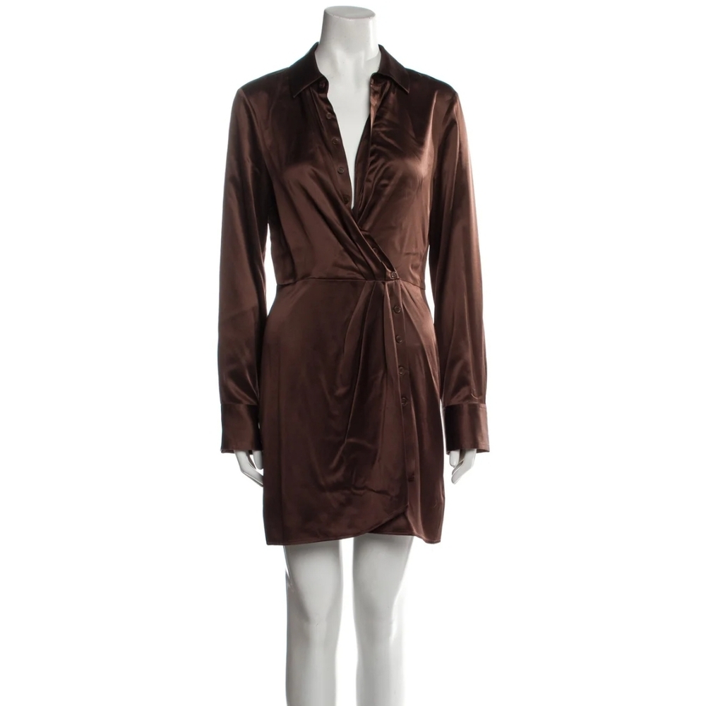 Reformation Silk Long Sleeve Wrap Dress in Brown